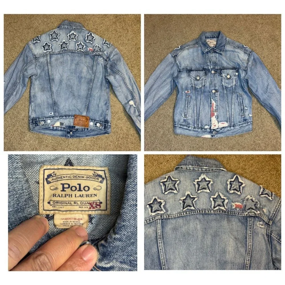 POLO RALPH LAUREN Denim Jacket Stars Patches Distressed Destroyed Equestrian XS - Picture 1 of 15